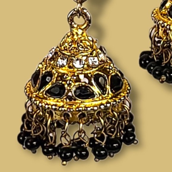 Vintage Black Gold Beaded Chandelier Designer Earrings 1960’s - Picture 3 of 8